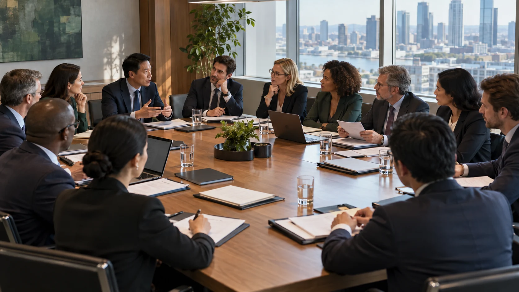 情景示意图:约十二位虚构商务人士与法律顾问围坐会议桌协商跨境投资退出;AI生成,非真实案件照片